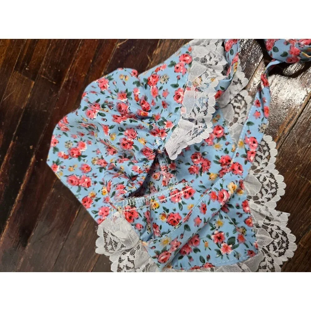 Vintage Blue Floral Lace Trim Baby Bonnet Heirloom Spring